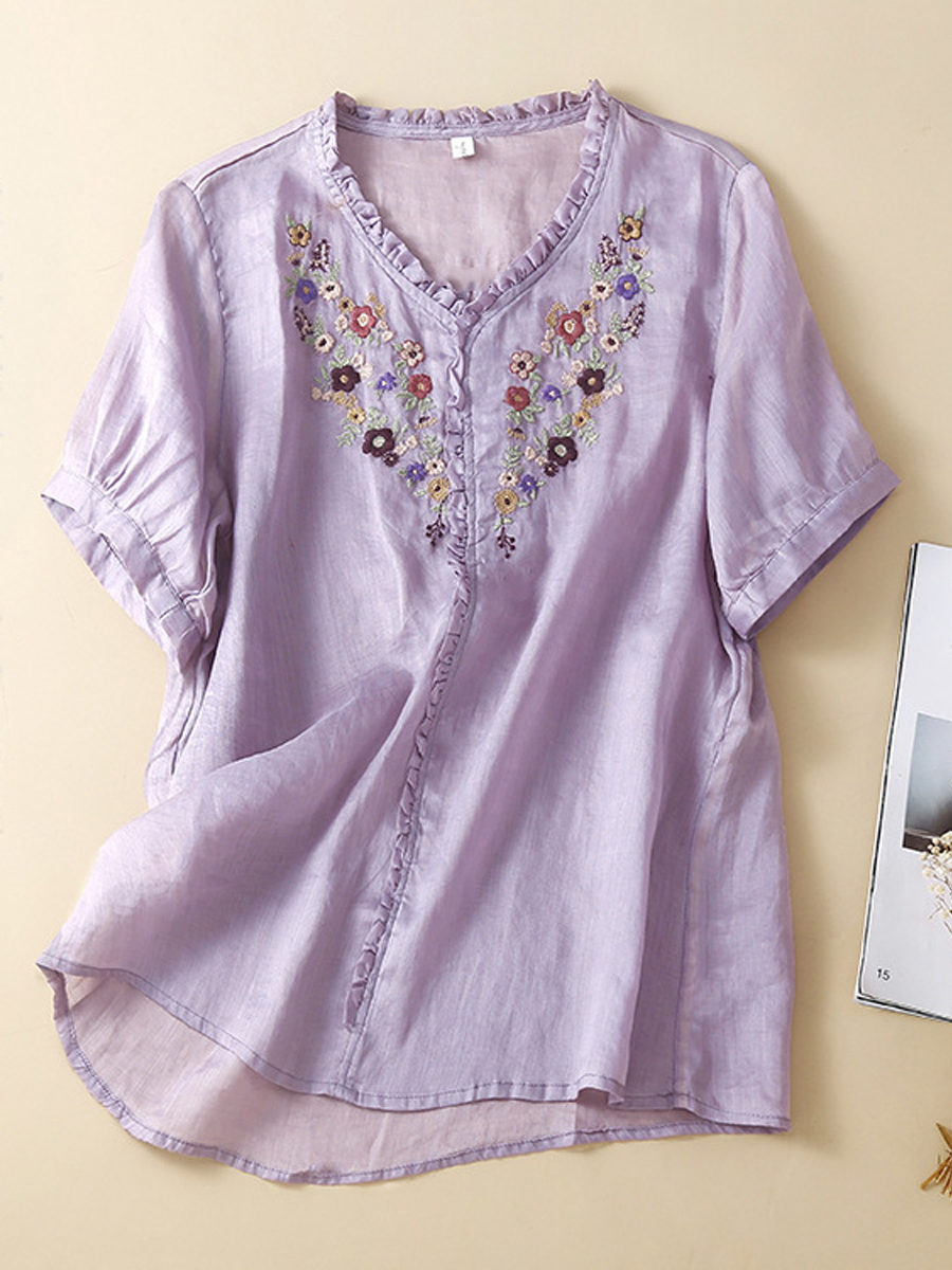 Vintage Casual Embroidered Cotton Linen Short Sleeve Blouse