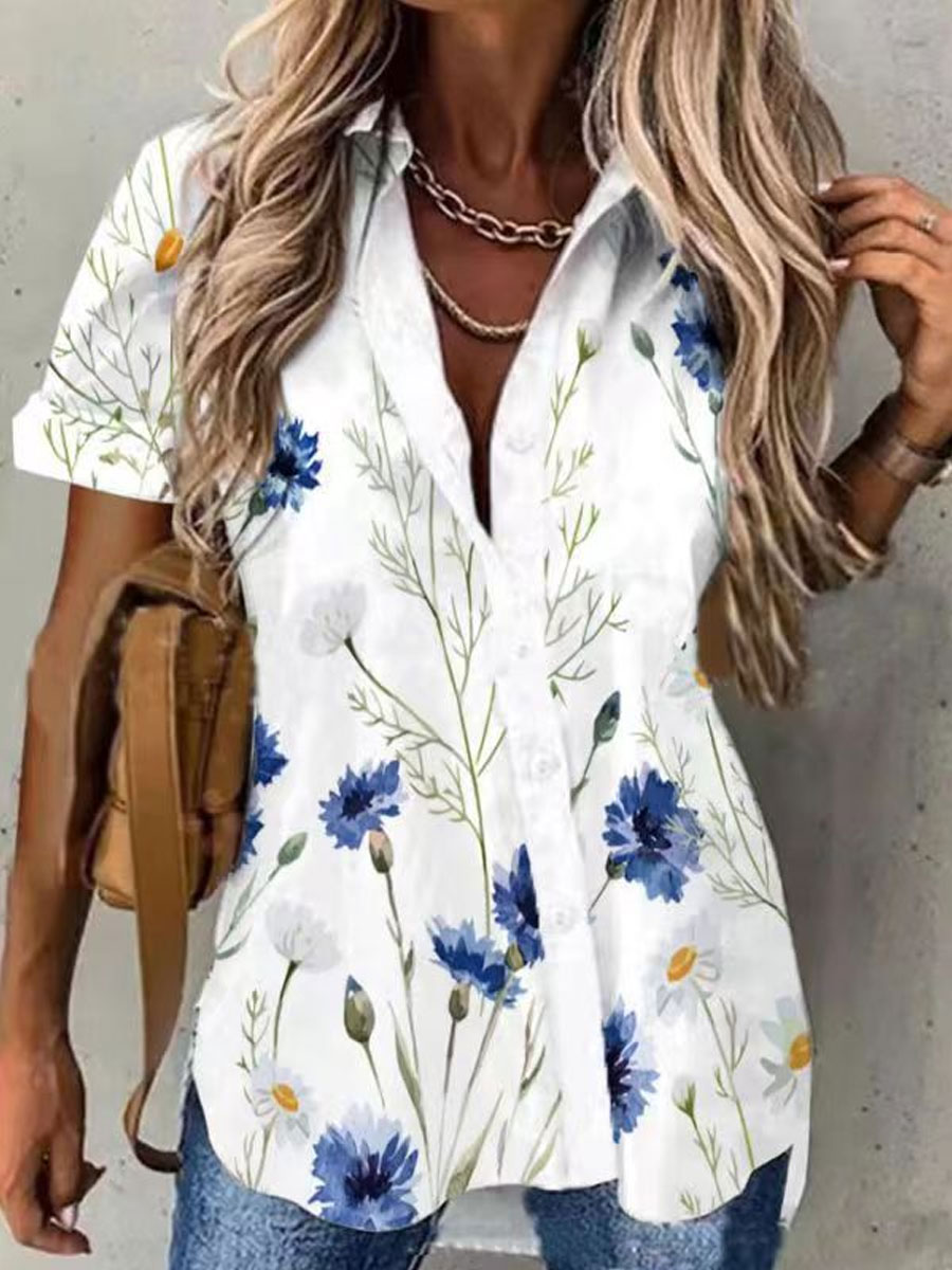 Casual Loose Floral Print Short Sleeve Blouse