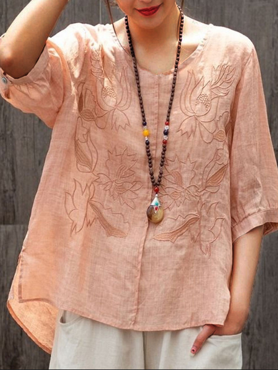 Round Neck Casual Loose Embroidered Short Sleeve Blouse