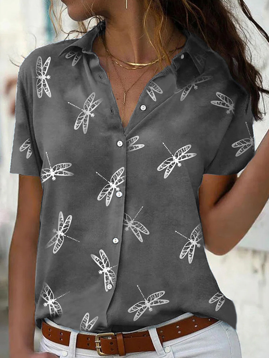 Summer Dragonfly Print Short Sleeve Blouse