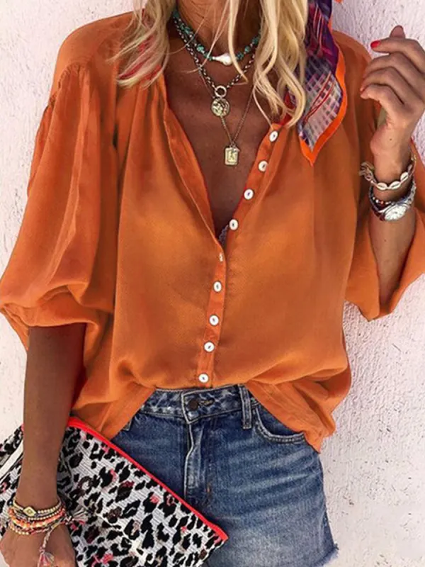 Casual Solid Color Long Sleeve V-Neck Button Blouse - Cominbuy.com 
