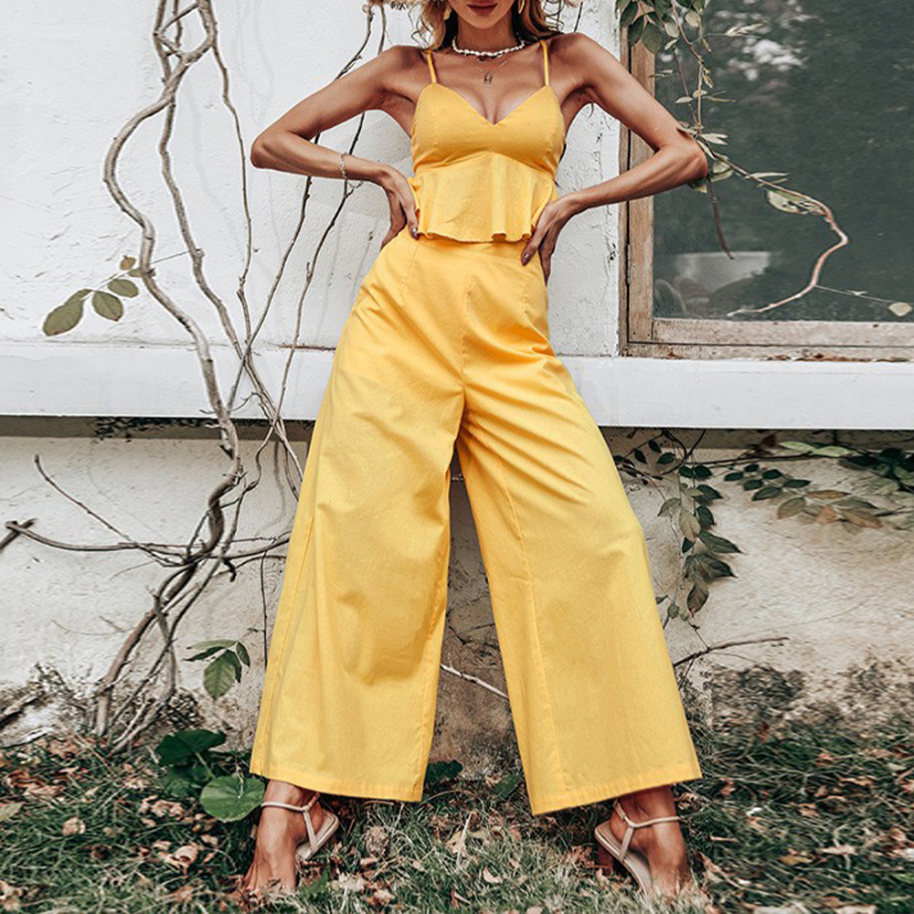Women's Yellow Vest Top Open Back Sexy Suspenders Casual One Piece Trousers