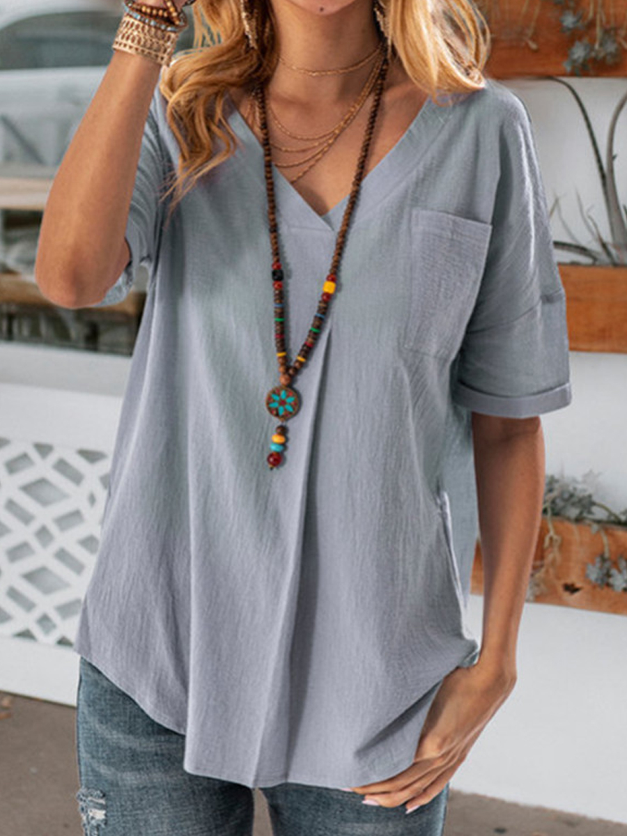 Loose Casual V Neck Pocket Short Sleeve Blouse