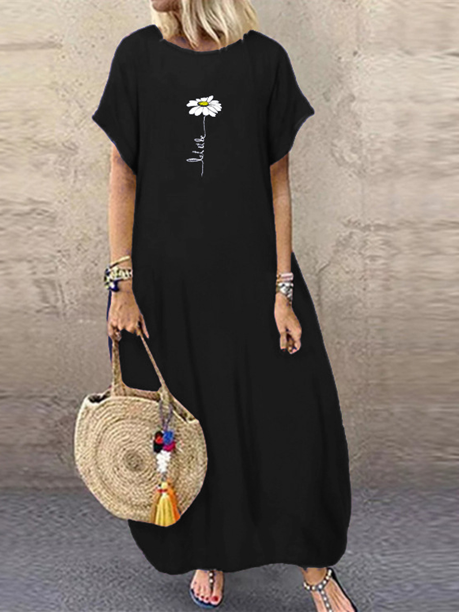 Loose Casual Daisy Print Crew Neck Short Sleeve Maxi Dress