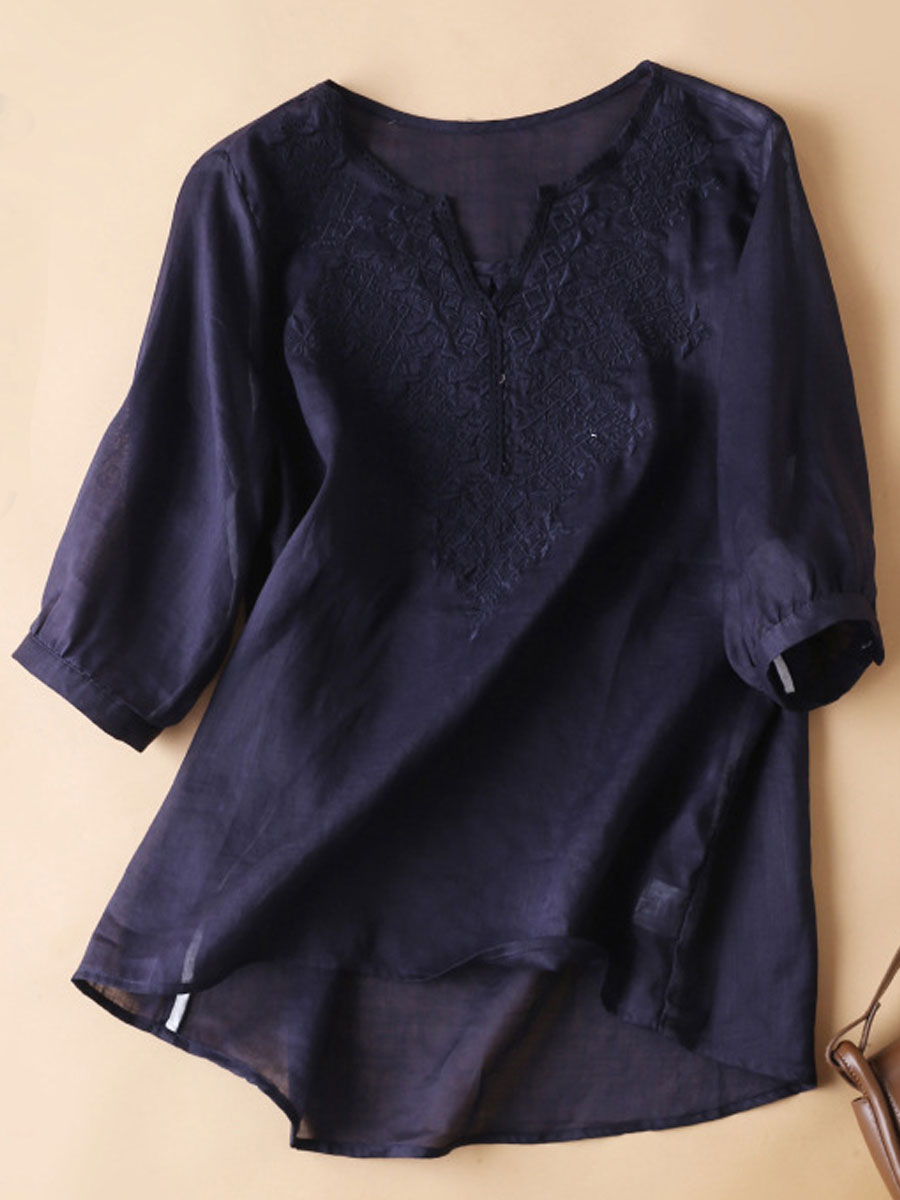 V neck Casual Loose Embroidered Short Sleeve Blouse