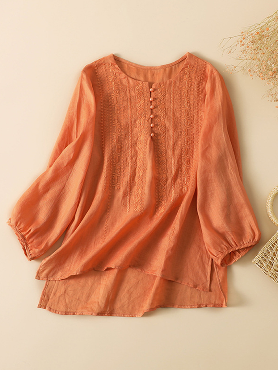 Summer Cotton And Linen Embroidered Half Sleeve Loosen Blouse