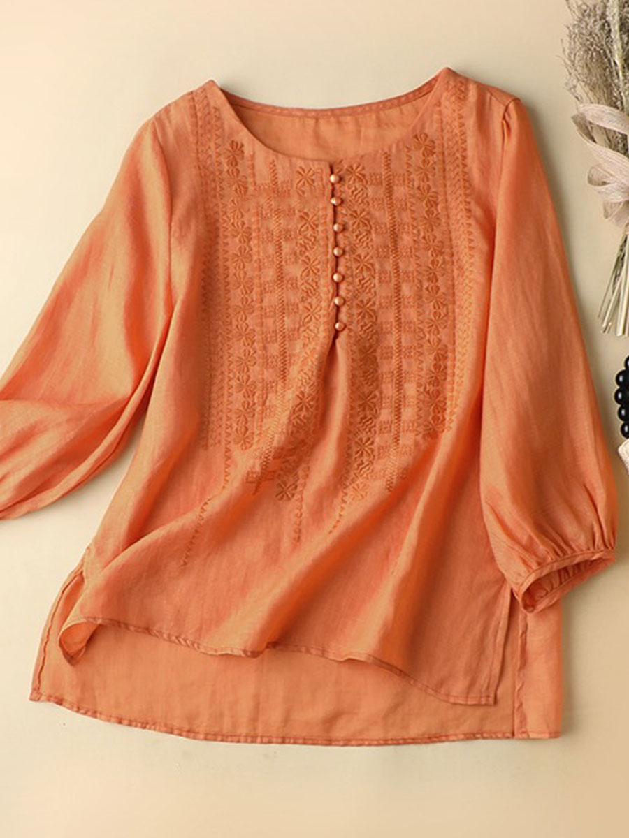 Round Neck Casual Loose Embroidered Sunscreen Long Sleeve Blouse