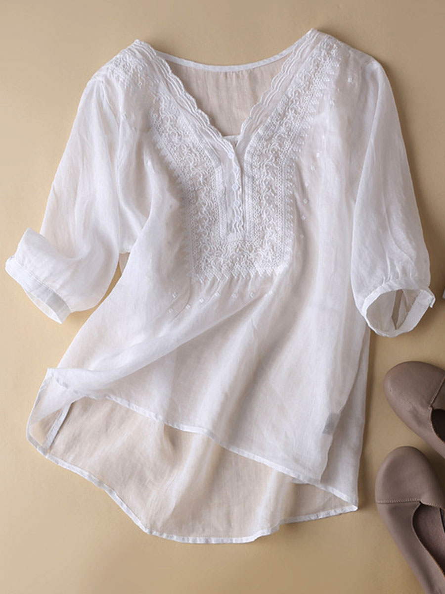 V neck Embroidered Casual Loose Solid Color Short sleeved Blouse