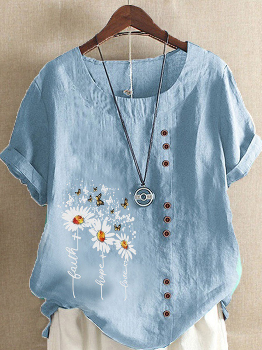 Round Neck Casual Loose Daisy Print Short Sleeve Blouse
