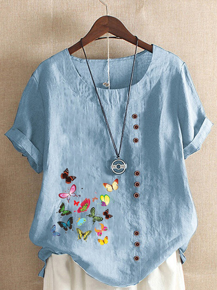 Round Neck Casual Loose Butterfly Print Short Sleeve Blouse