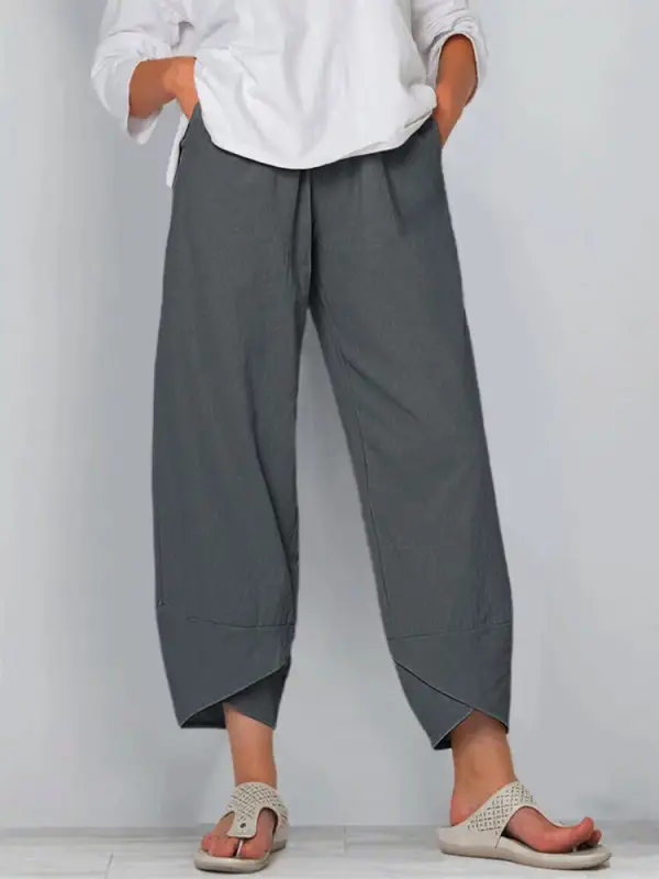 Women Solid Casual Linen Cotton Casual Pants - Oasisjoy.com 