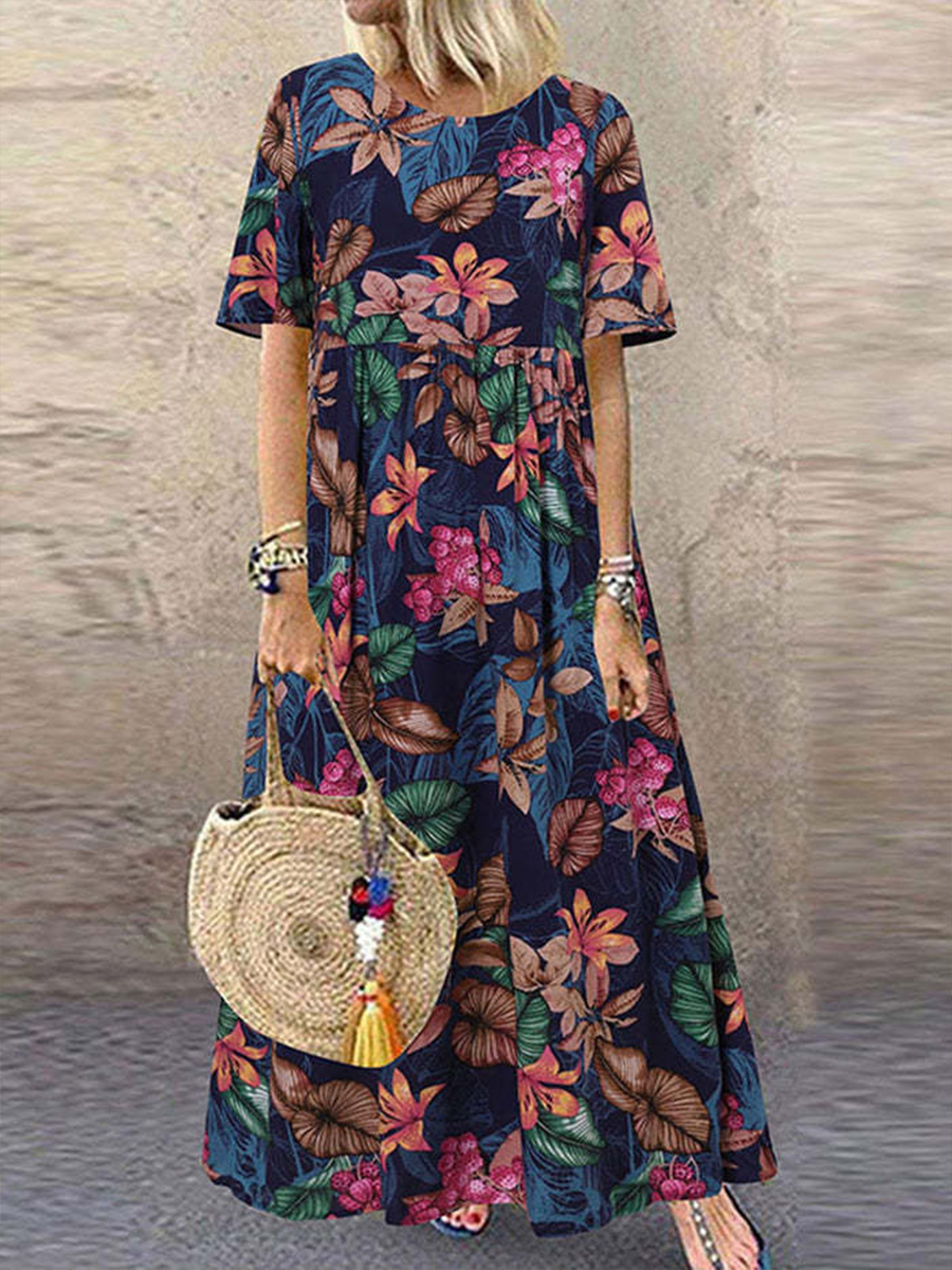 Crewneck Casual Vintage Floral Print Loosen Dress