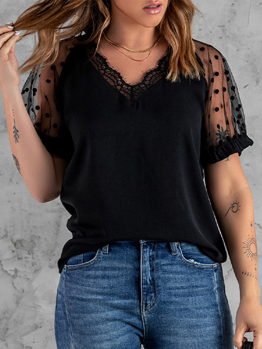 Summer Casual V neck Lace Short sleeved Loosen T shirt