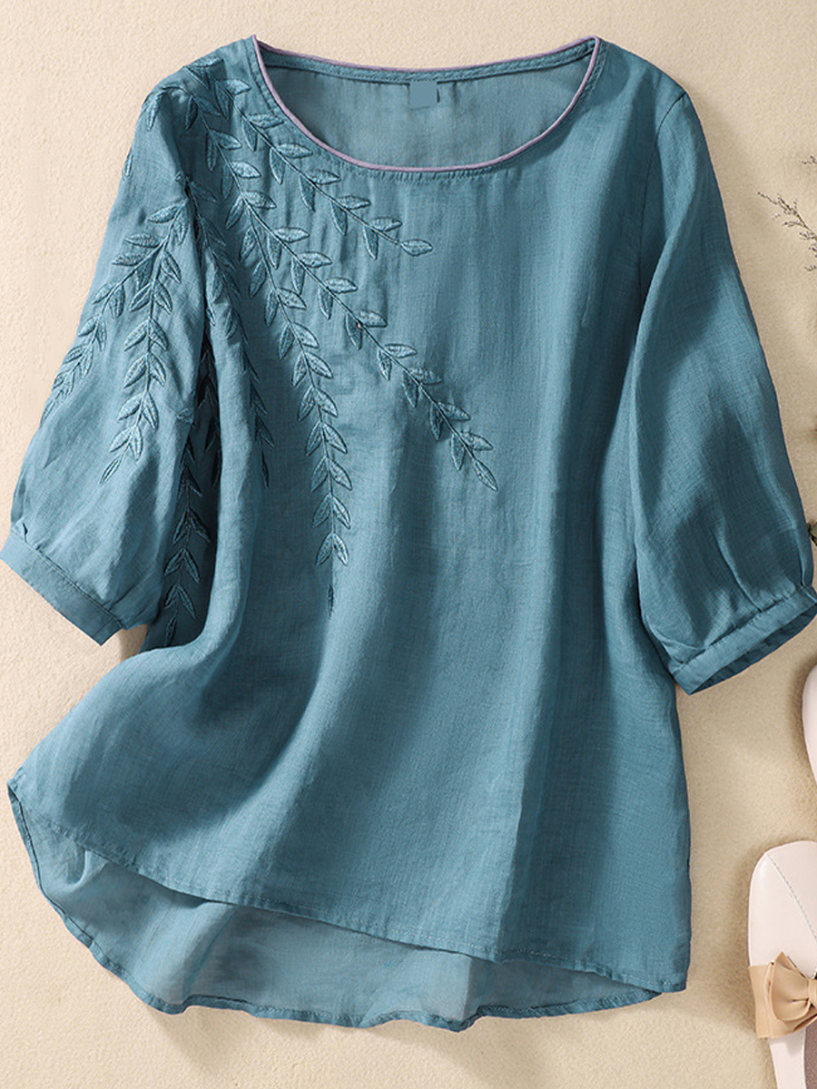 Casual Embroidered Cotton And Linen Crew Neck Short Sleeve Blouse