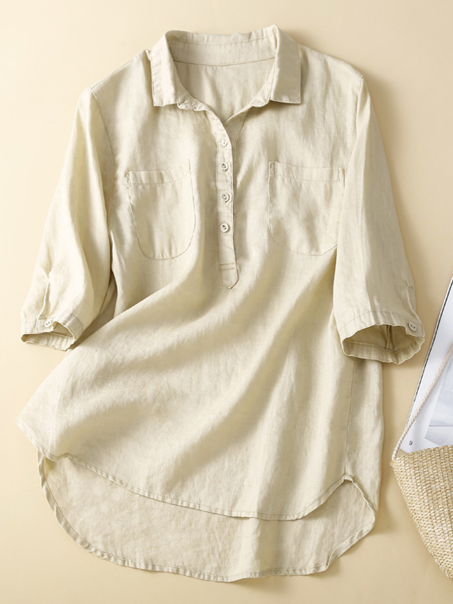 Casual Solid Color Lapel Cotton And Linen Three Quarter Sleeve Blouse