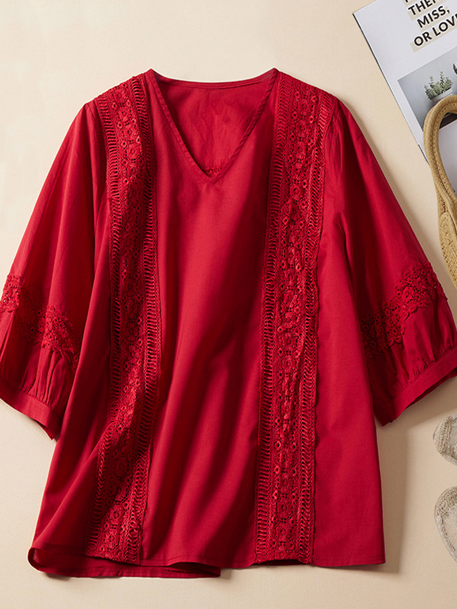 Casual Cotton Linen Lace Panel V neck Three Quarter Sleeves Shirt