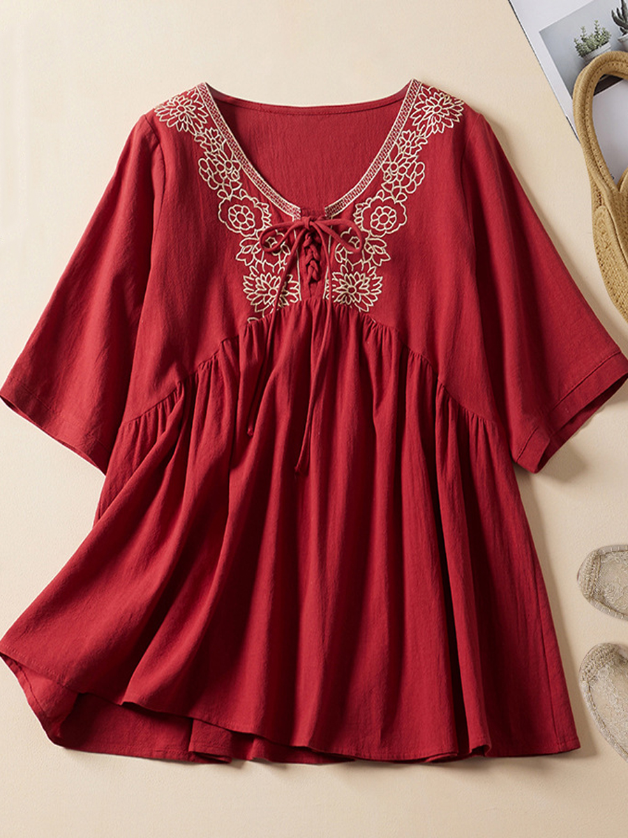 Loose Casual Embroidered V Neck Short Sleeve Blous