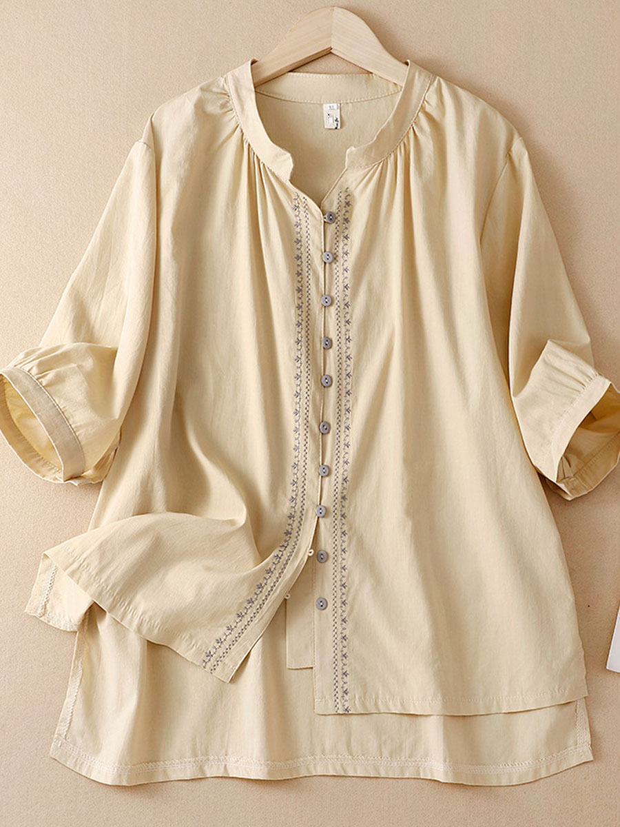 Casual Loose Embroidered Sunscreen Mid Sleeve Blouse