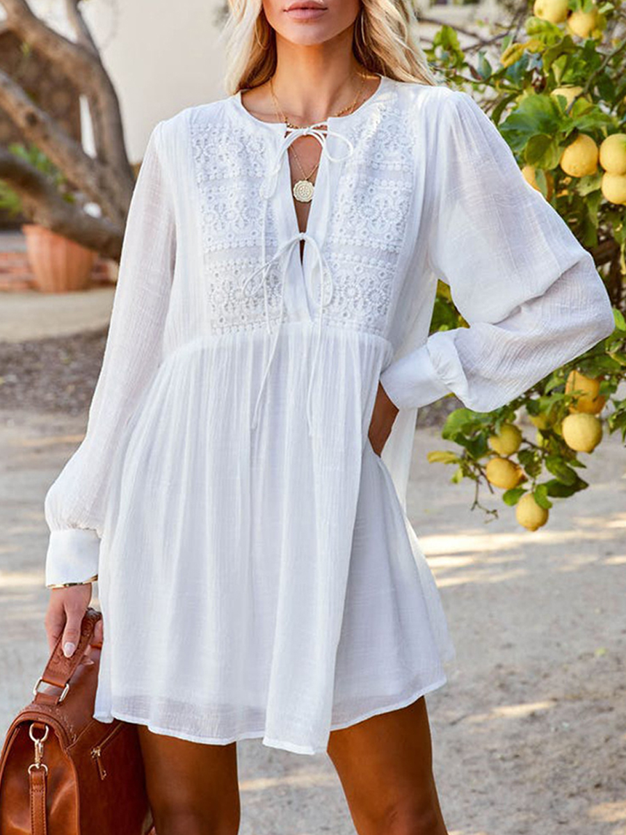 Summer Fashion Solid Color Long Sleeve V Neck Loosen Casual Dress