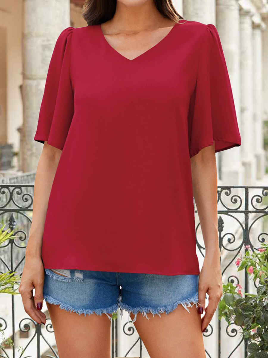 Summer Loosen V neck Ruffle Sleeve Casual T shirt