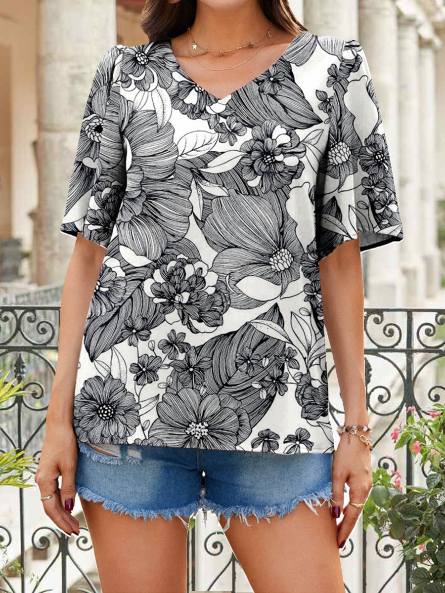 Summer Loosen V Neck Vintage Print Ruffle Sleeve Casual T Shirt