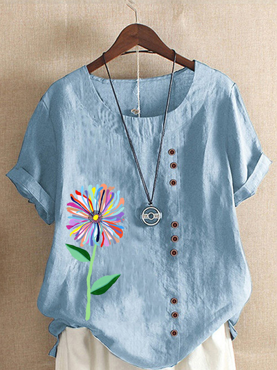 Summer Vintage Cotton Linen Print Loose Casual Blouse