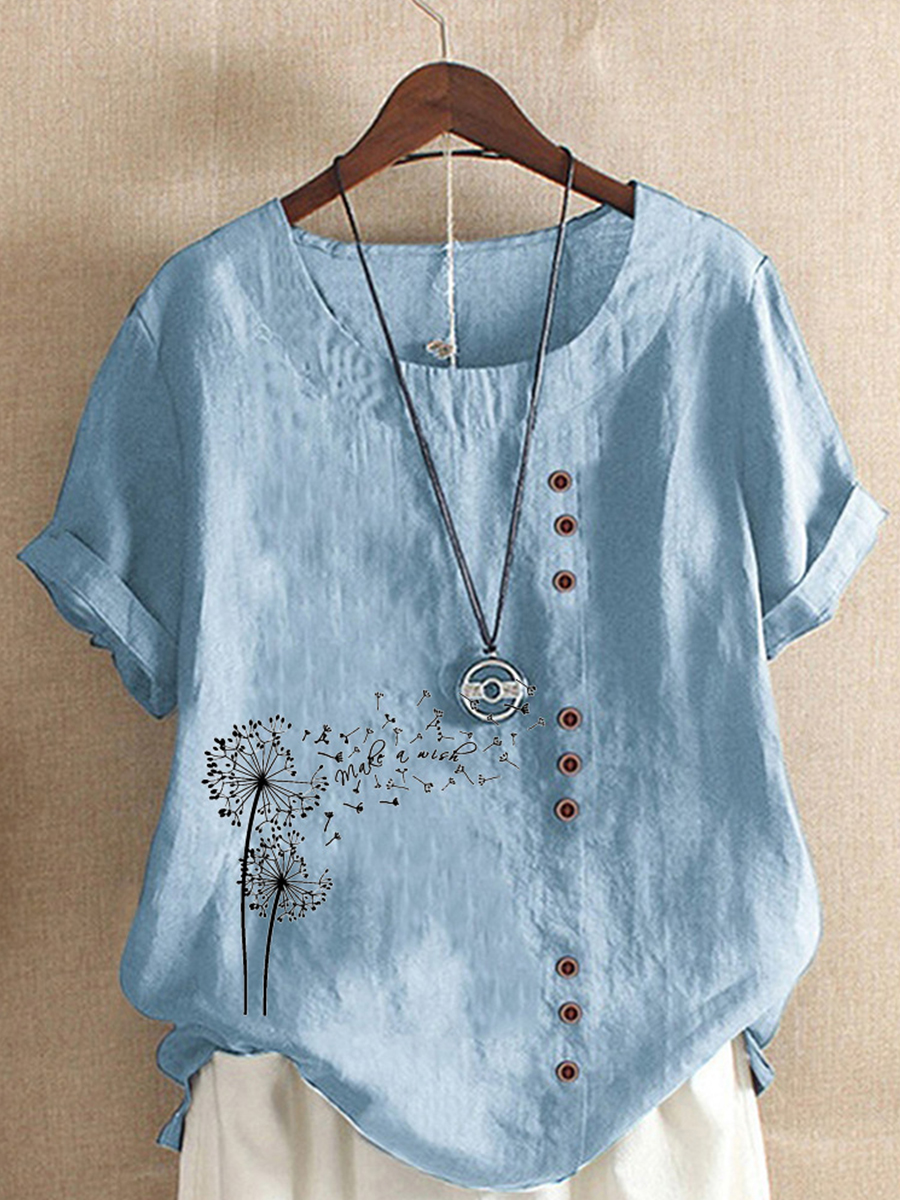 Summer Cotton And Linen Dandelion Print Short sleeved Blouse