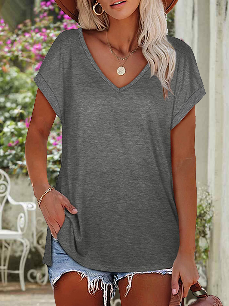 Summer Solid Color Slit V neck Short sleeved T shirt