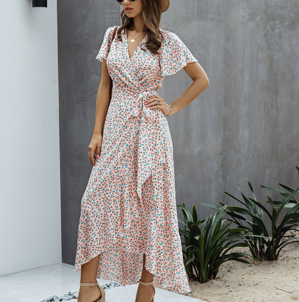 Ladies Fashion Polka Dot Sexy V Neck Ruffle Short Sleeve Women's Dress