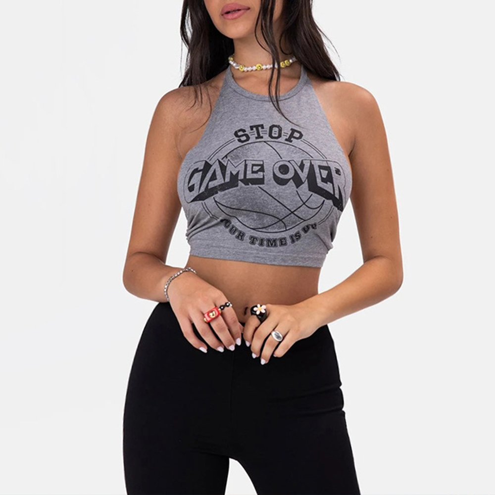 Women's Halter Neck Tie Backless Navel Print Slim Fit Sexy Small Tank Top