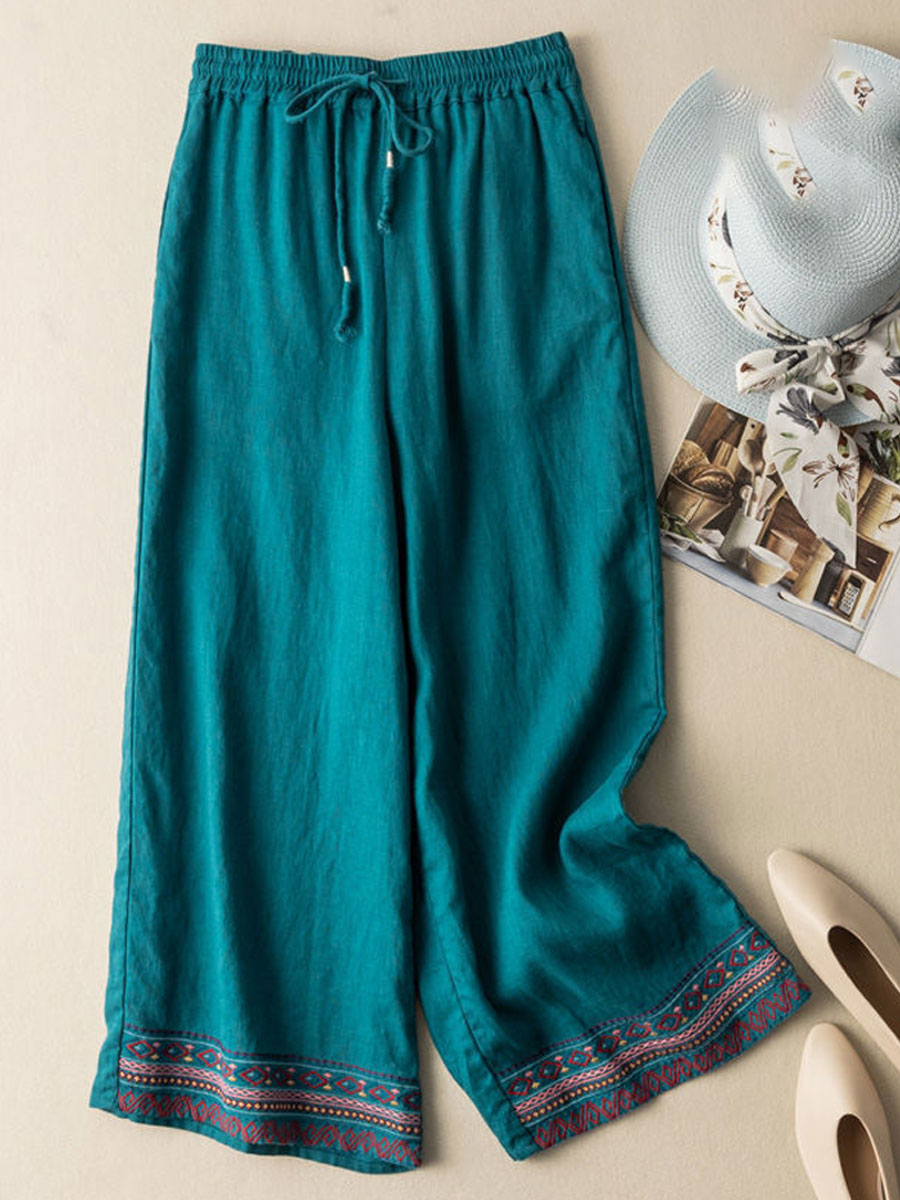 Casual Loose Embroidered Elastic Waist Pants
