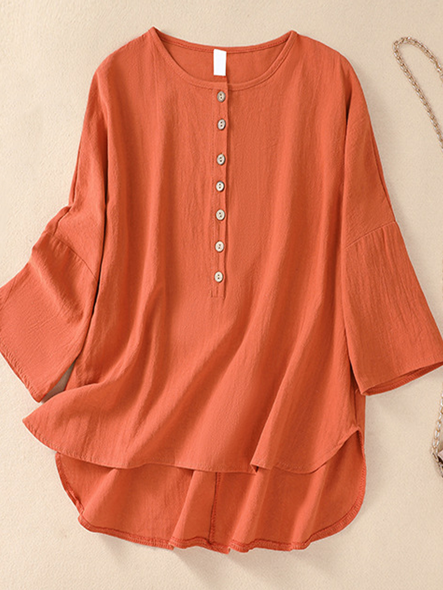 Casual Loose Solid Color Button Crew Neck Three Quarter Sleeves Blouse