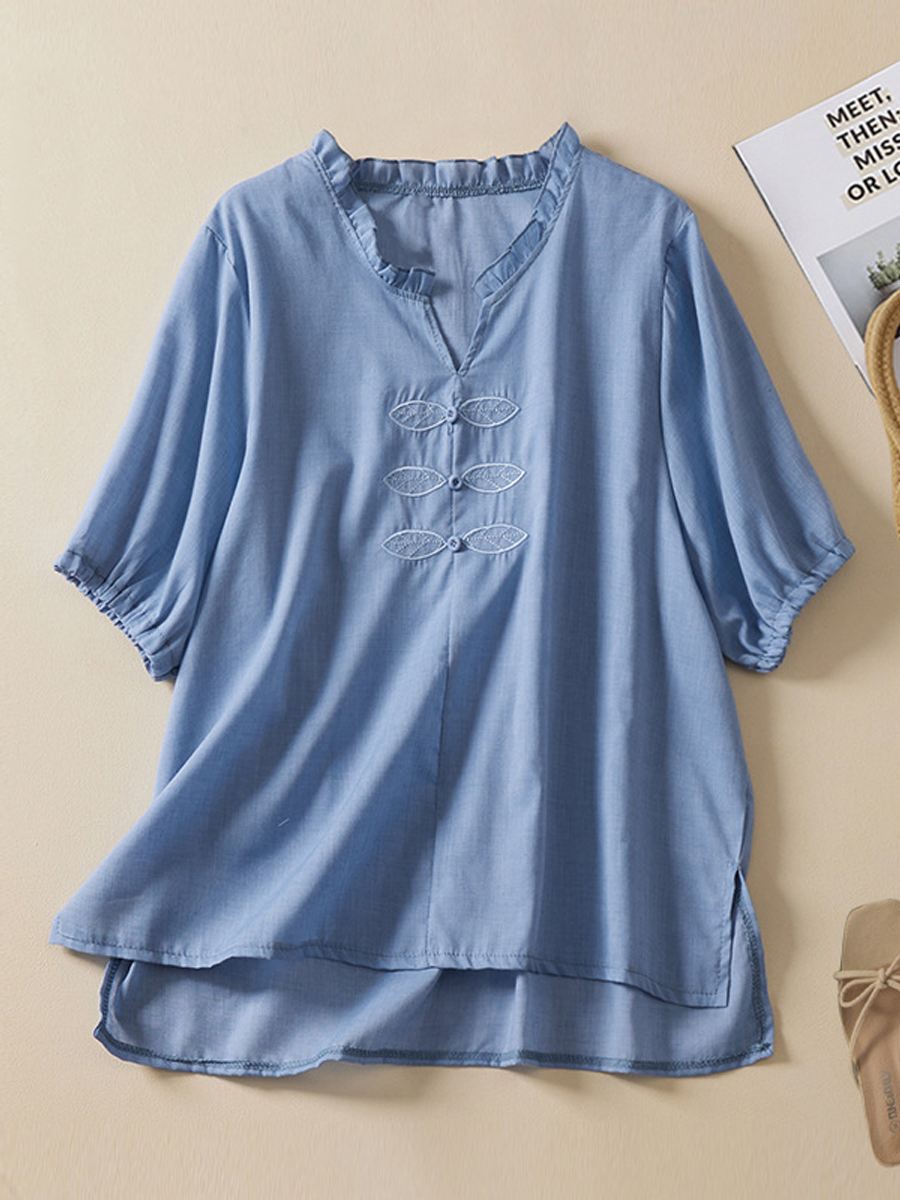 Casual V Neck Embroidered Short Sleeve Blouse