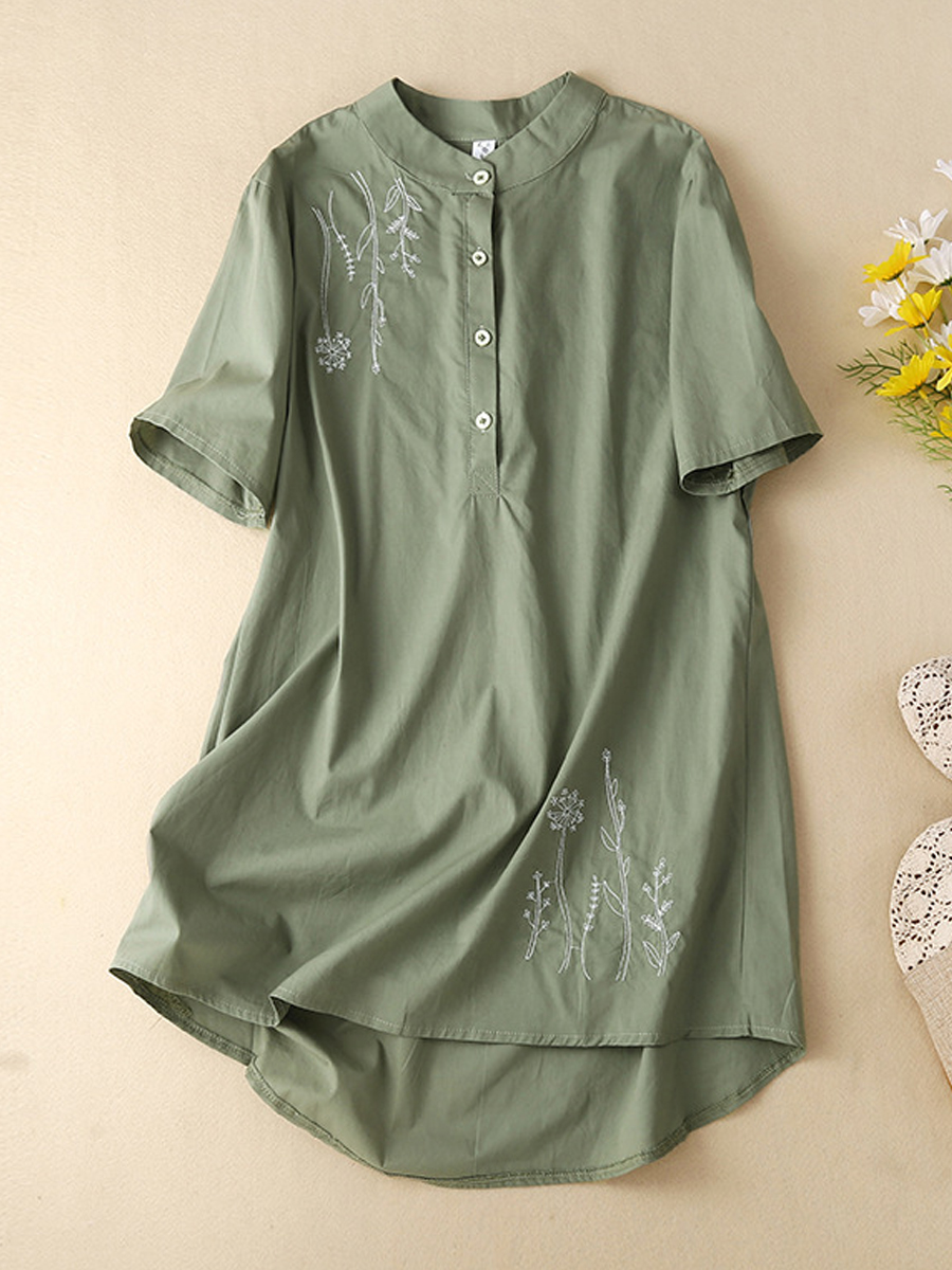 Loose Casual Embroidered Stand Collar Short Sleeve Blouse