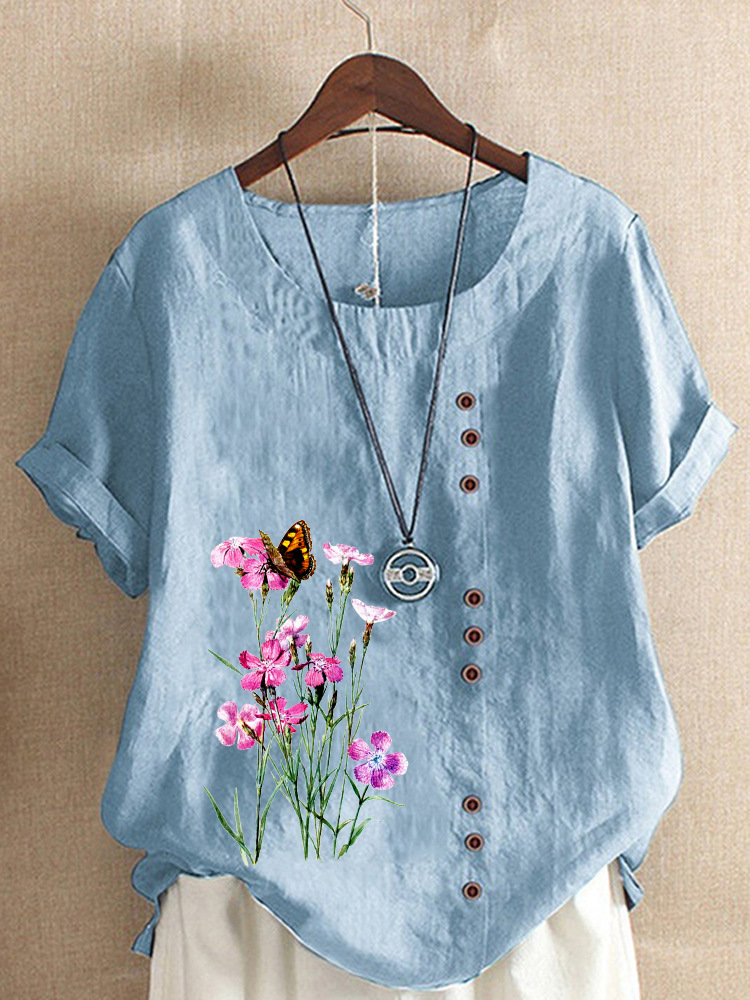Round Neck Casual Loose Floral Print Short Sleeve Blouse