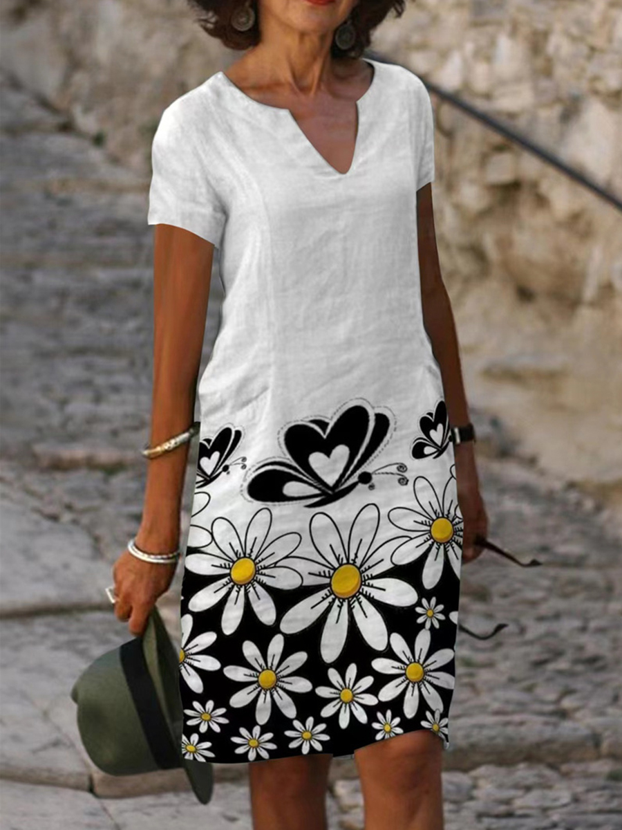Floral Print Cotton Linen Short Sleeve V Neck Dress
