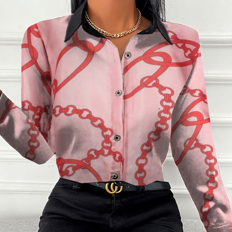 Ladies Elegant Fashion Vintage Chain Print Colorblock New Lapel Long Sleeve Top Shirt