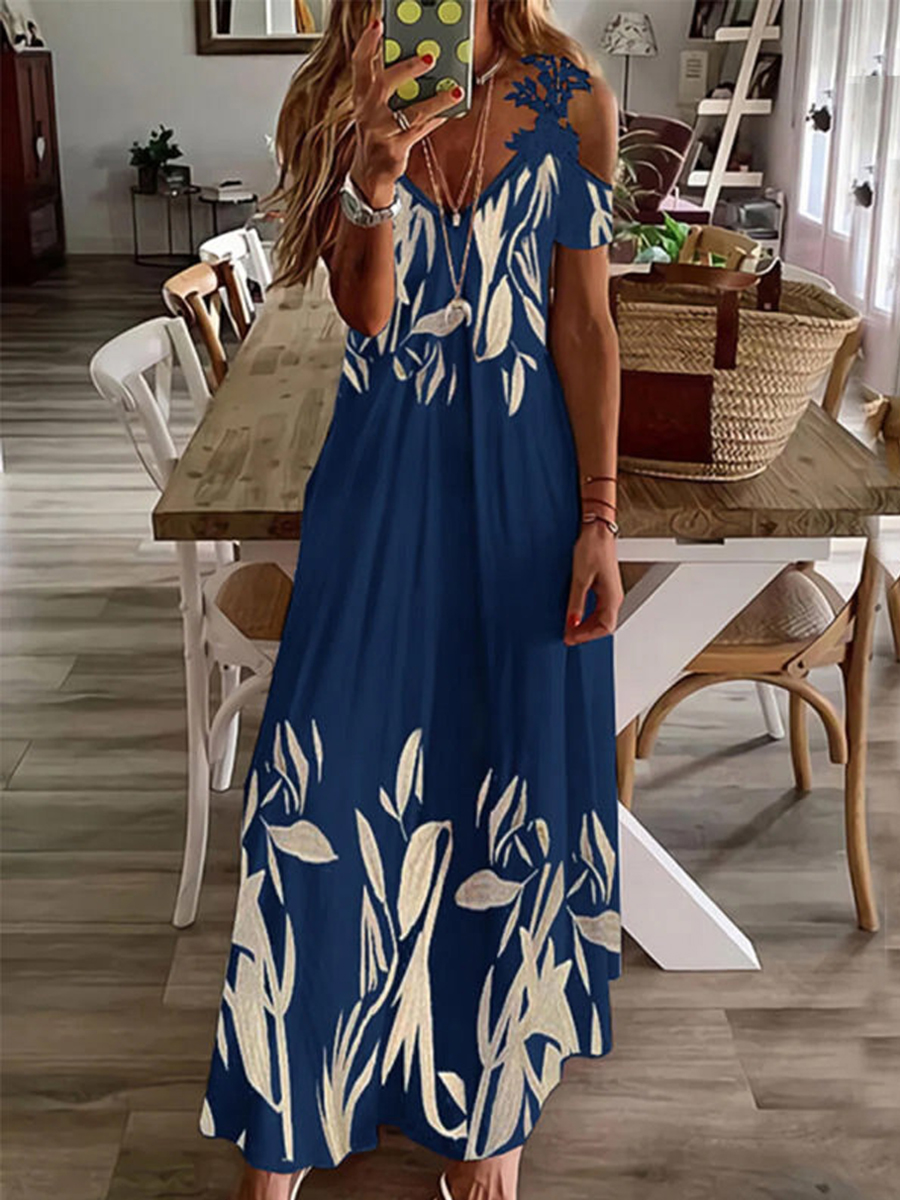 Casual Floral Print V Neck Short Sleeve Maxi Dress