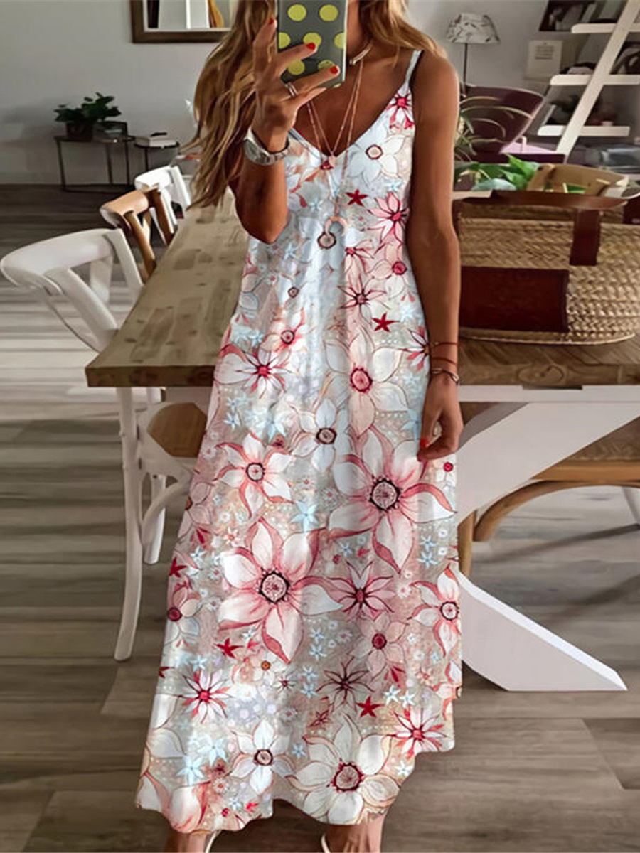 Casual Floral Print V Neck Slip Maxi Dress