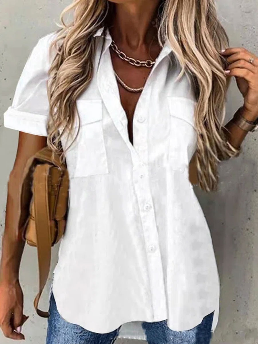 Casual Loose Solid Color Cardigan Short Sleeve Blouse