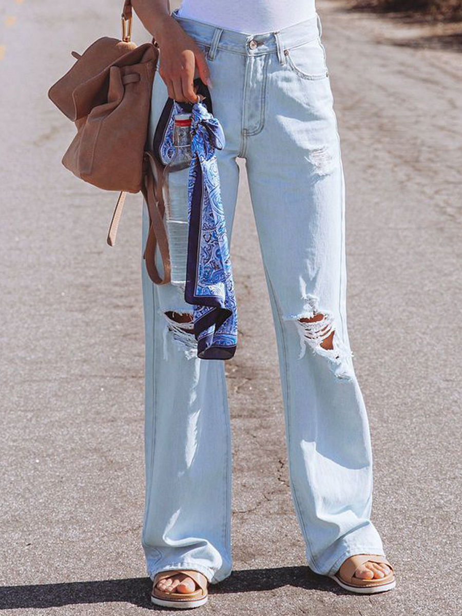 Casual Solid Ripped High Waist Denim Trousers