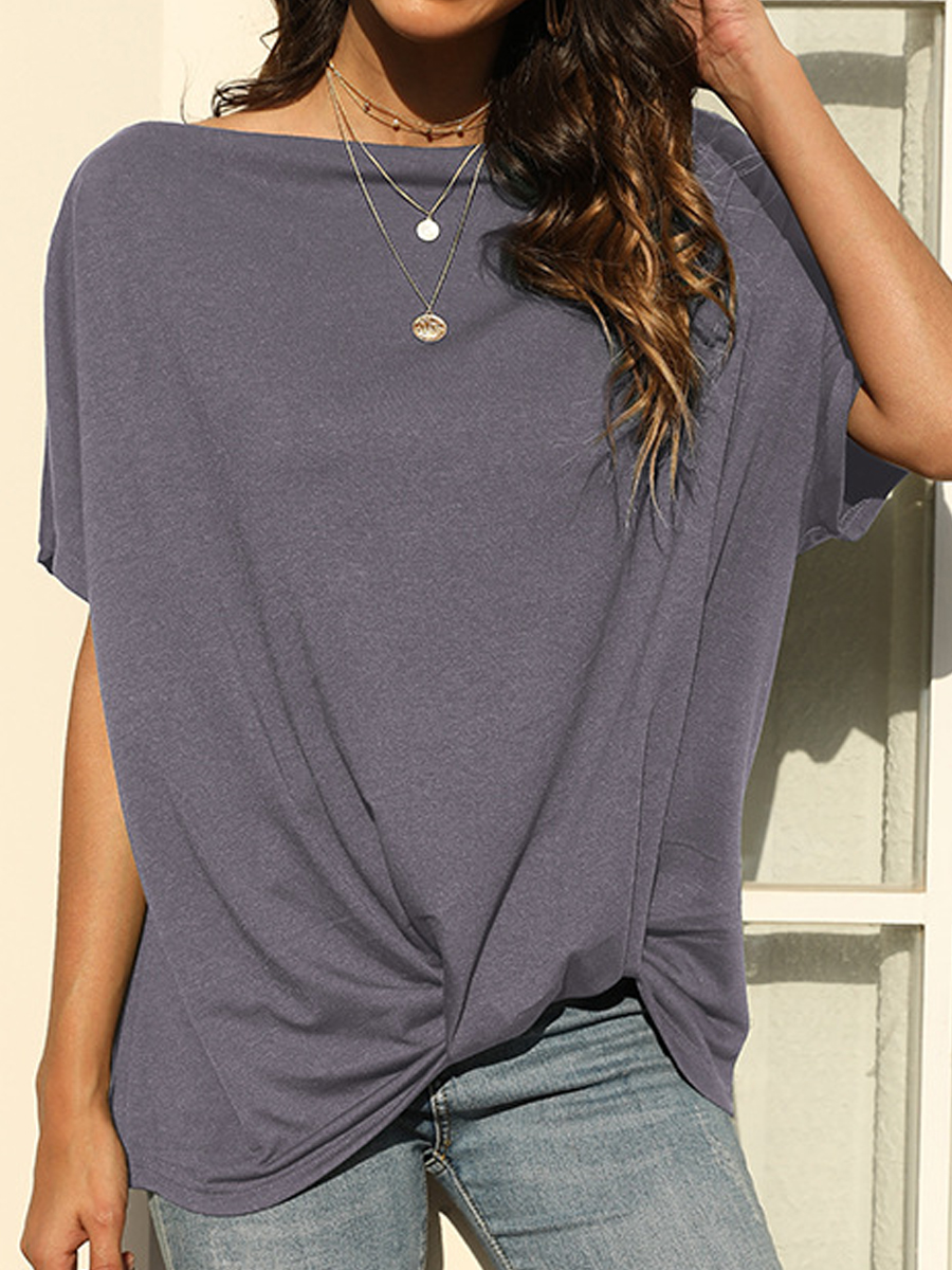 Casual Loose Solid Color Hem Knotted Short Sleeve T Shirt