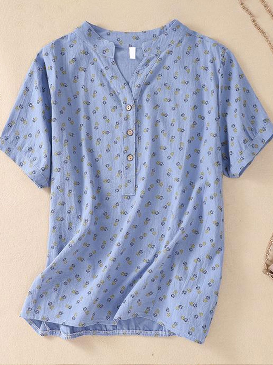 Casual Loose Banner Floral Print Short Sleeve Blouse