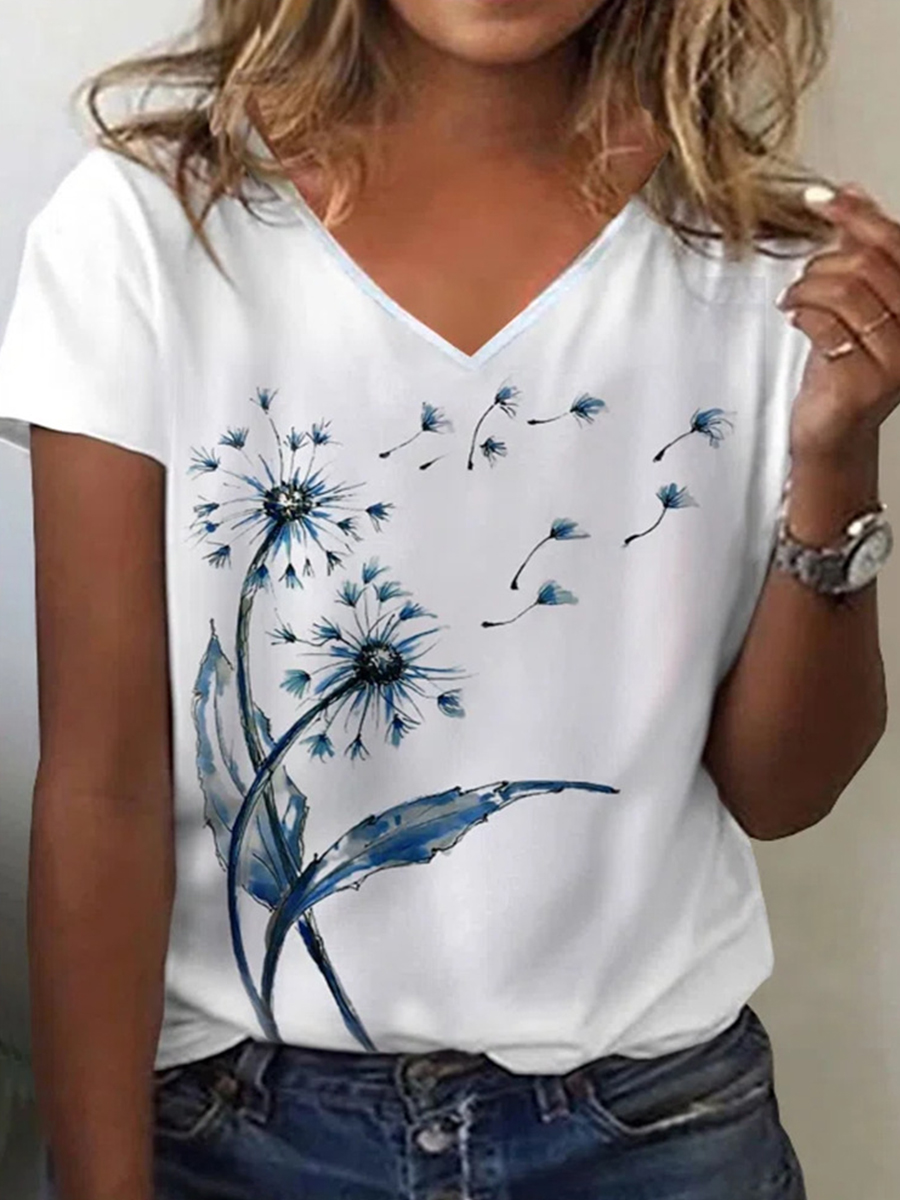 Summer Dandelion Print Casual Loosen V Neck Short Sleeve T Shirt