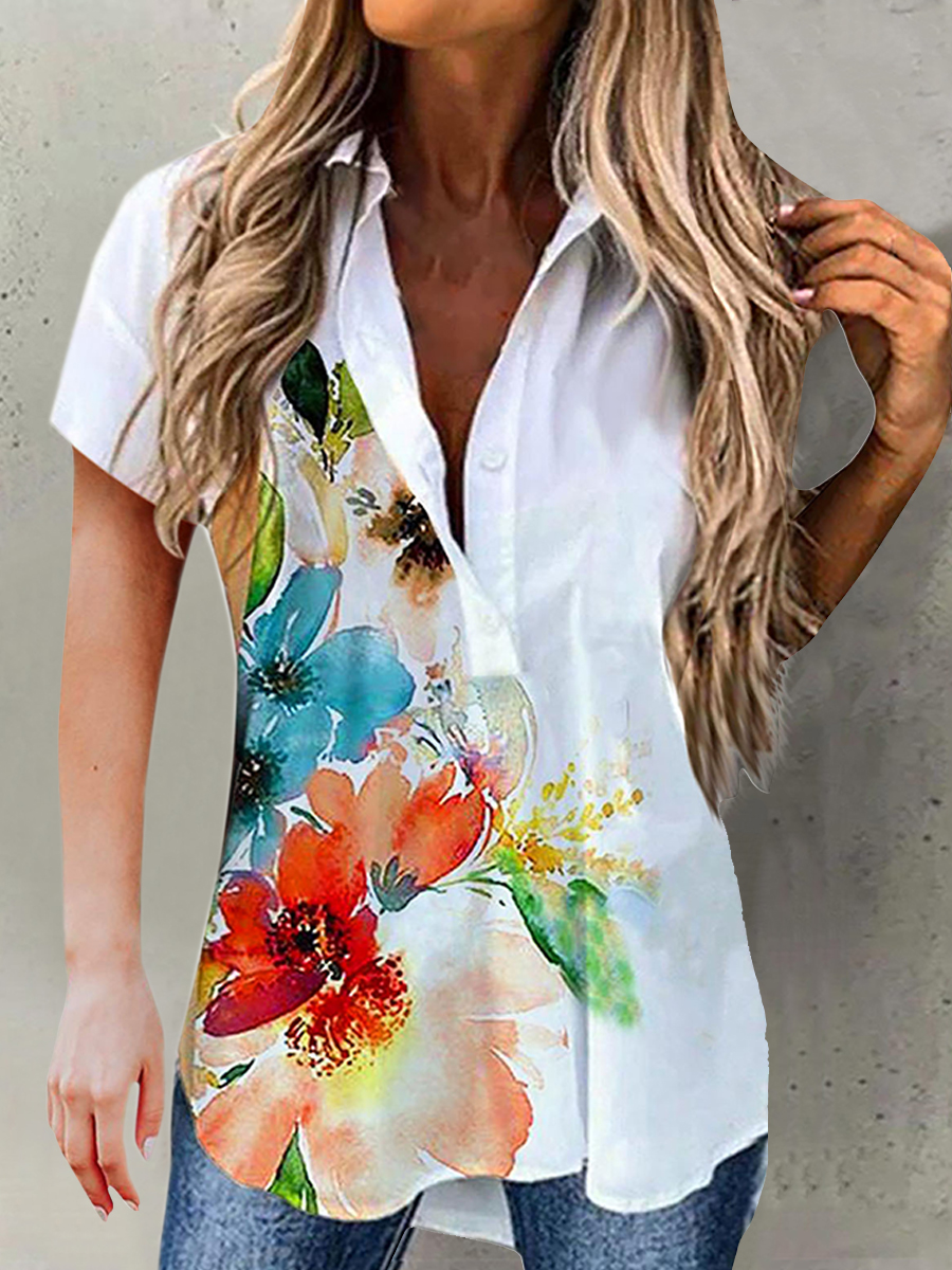 Printed Pocket Short Sleeve Casual Blouse