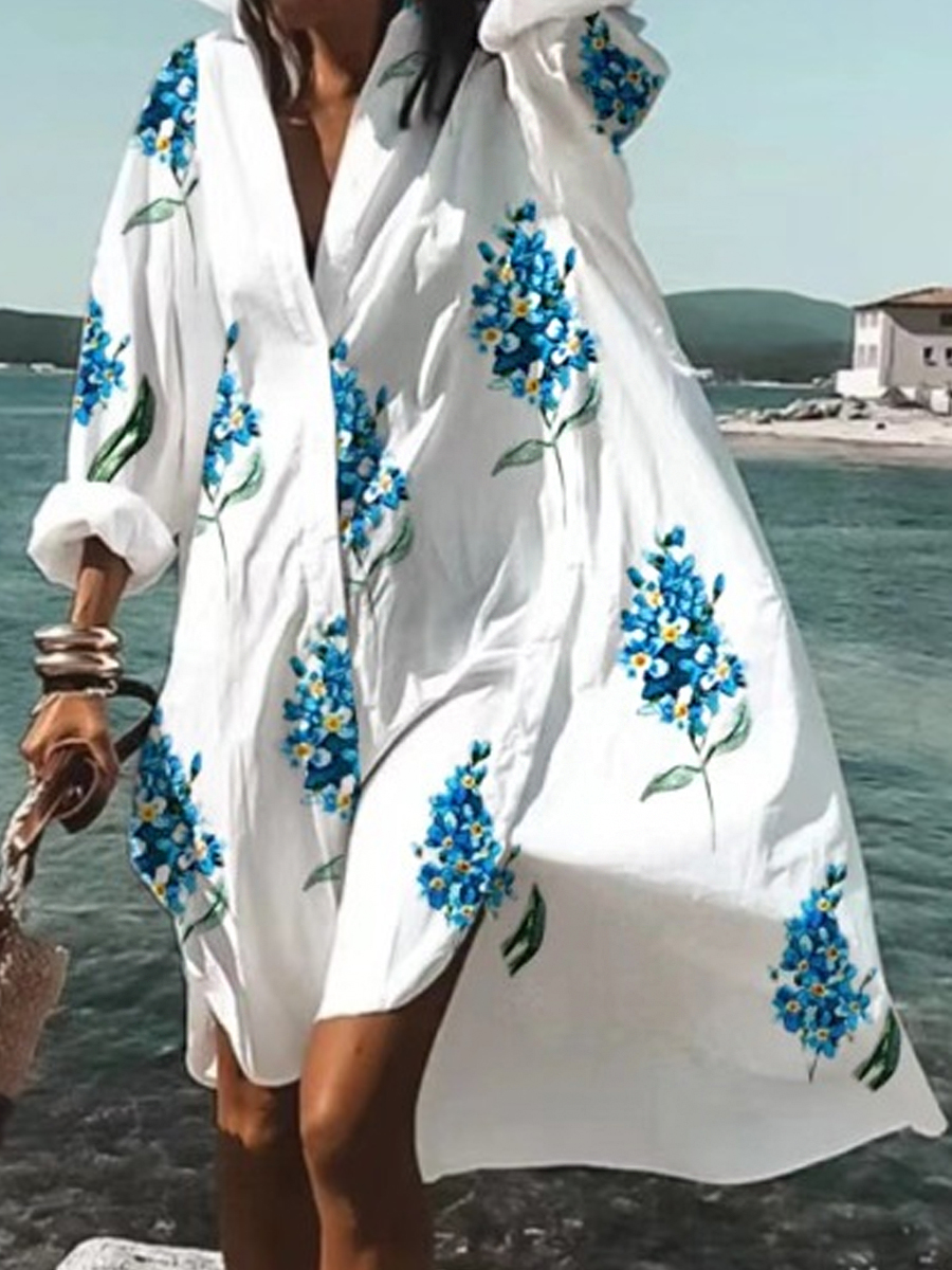 Loose Floral Print Long Sleeve Lapel Short Dress