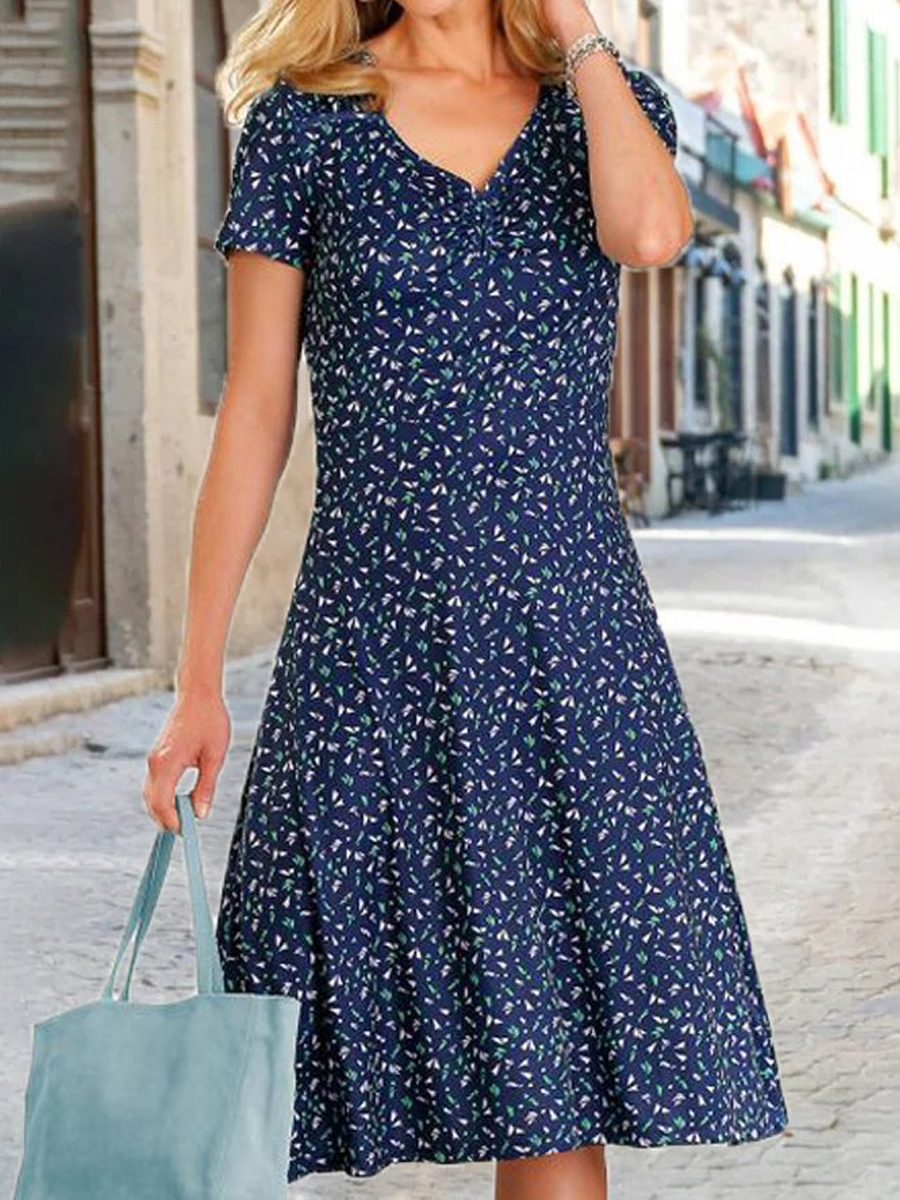 Casual Printed V Neck Short Sleeve Midi Dress