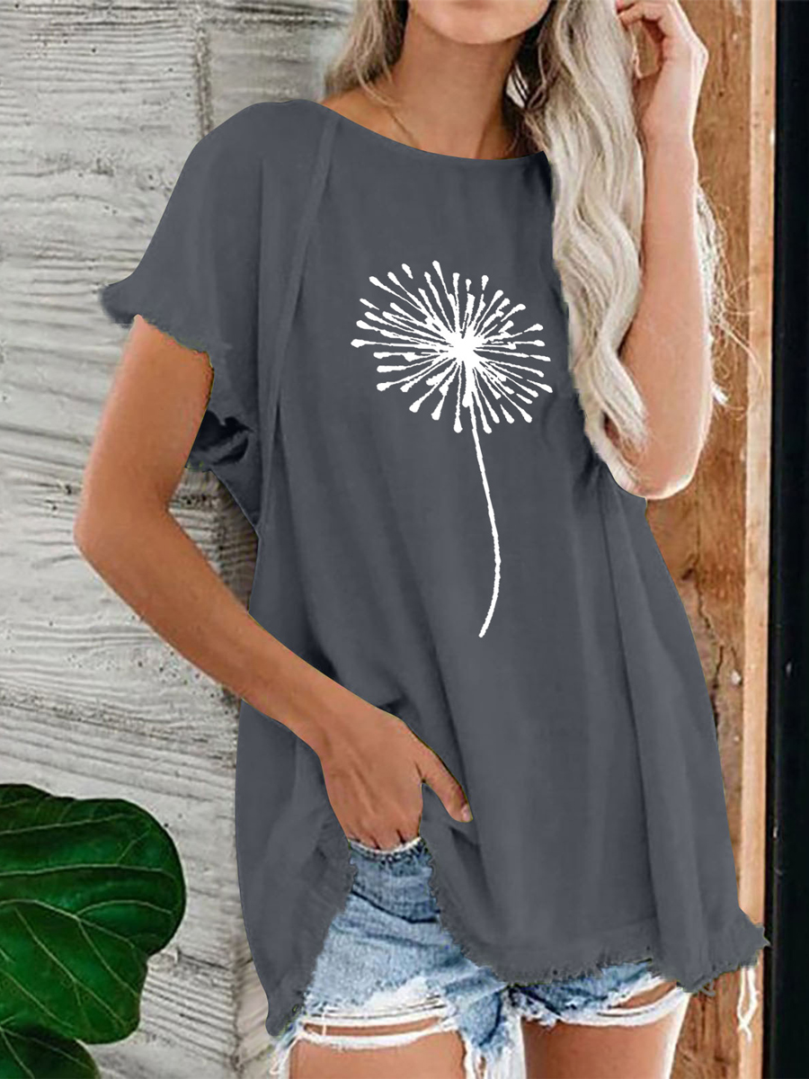 Loose Casual Dandelion Print Crew Neck Short Sleeve T Shirt