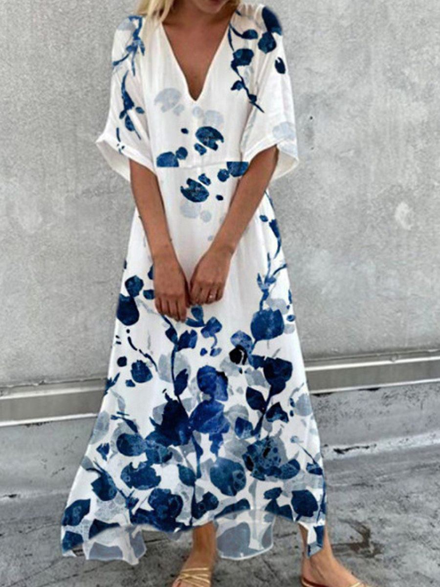 Loose Print V Neck Half Sleeve Maxi Dress
