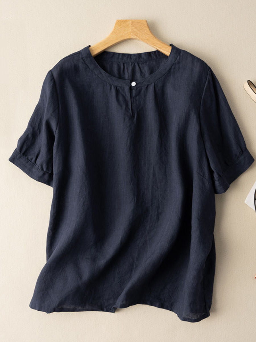 Casual Solid Color Cotton And Linen Round Neck Short Sleeve Blouse